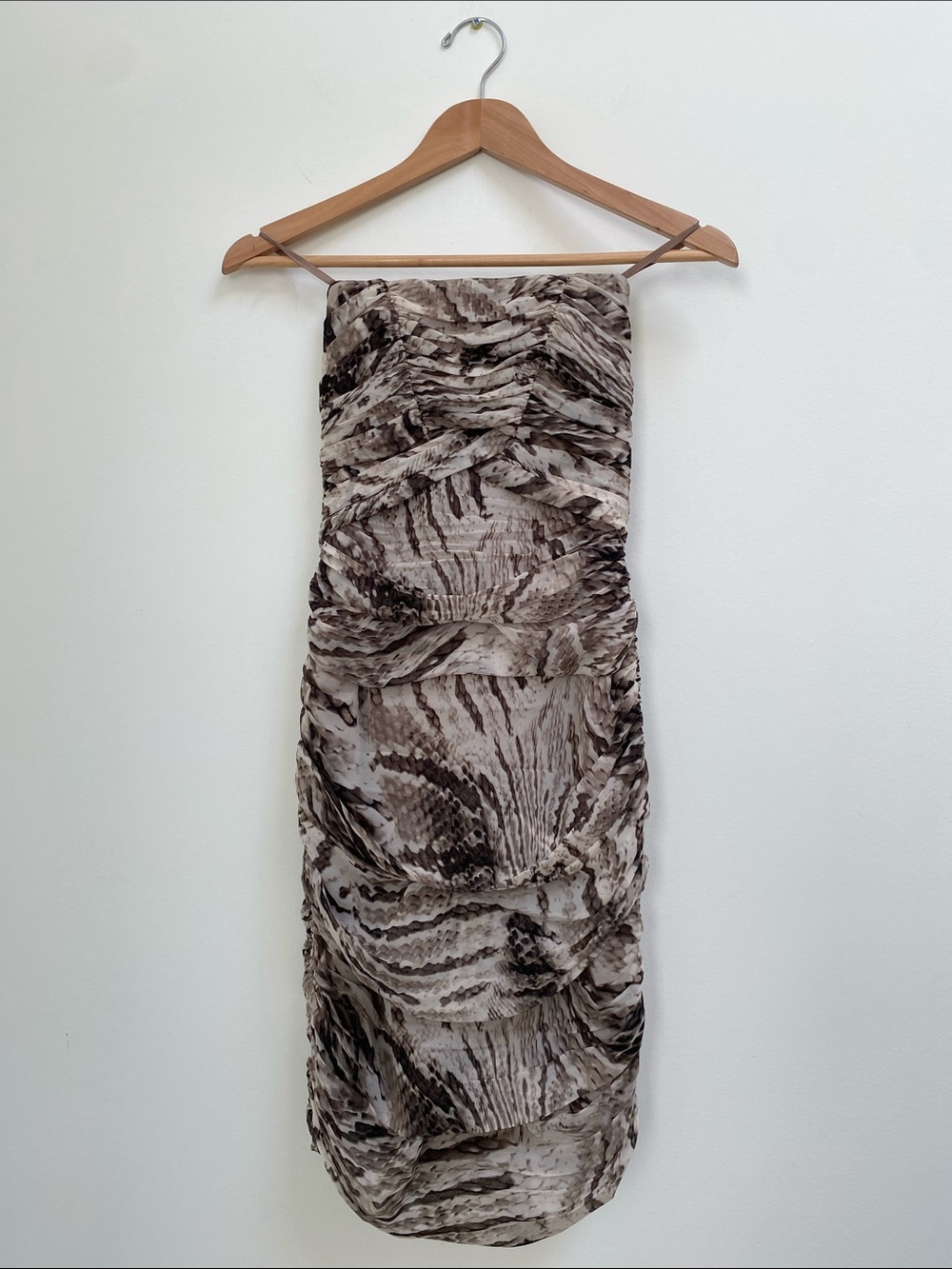 le chateau Strapless Ruched Animal-Print Midi Dress in Beige and Brown